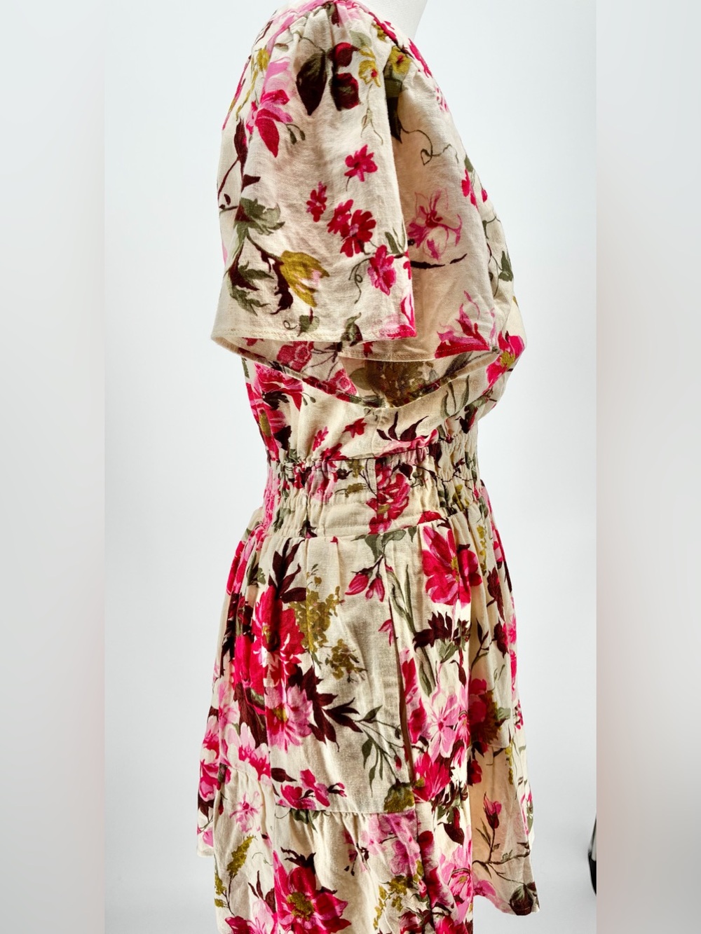 Abercrombie Floral Smocked Waist Linen Blend Flutter Sleeve Tiered Mini Dress SP - Picture 8 of 13